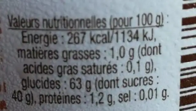 Crème de marron nutrition facts table