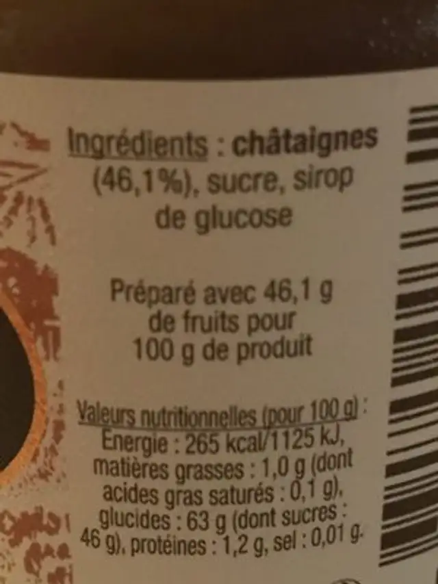 Confiture de Châtaignes nutrition facts table