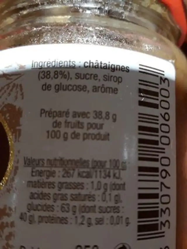 Crème de marron ingredients label