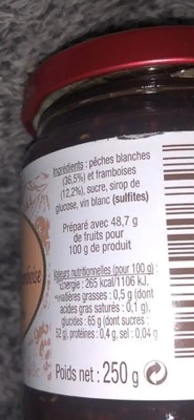 Confiture de pêche blanche et framboise ingredients label