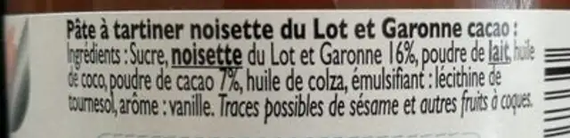 Pâte à tartiner ingredients label