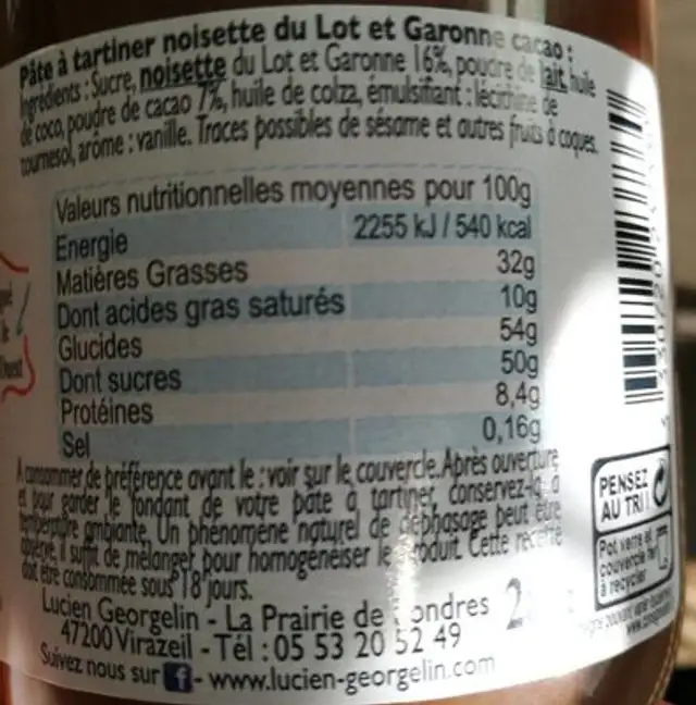 Pâte à tartiner nutrition facts table
