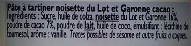 Pâte à tartiner noisette cacao ingredients label
