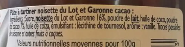Pâte à tartiner ingredients label