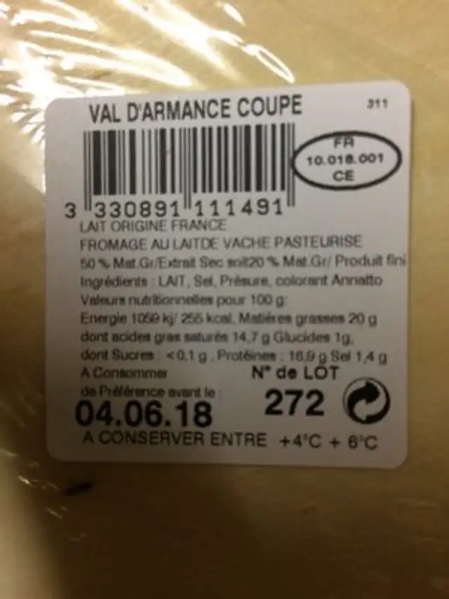 Val d'Armance ingredients label