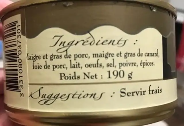 Pate campagnard ingredients label