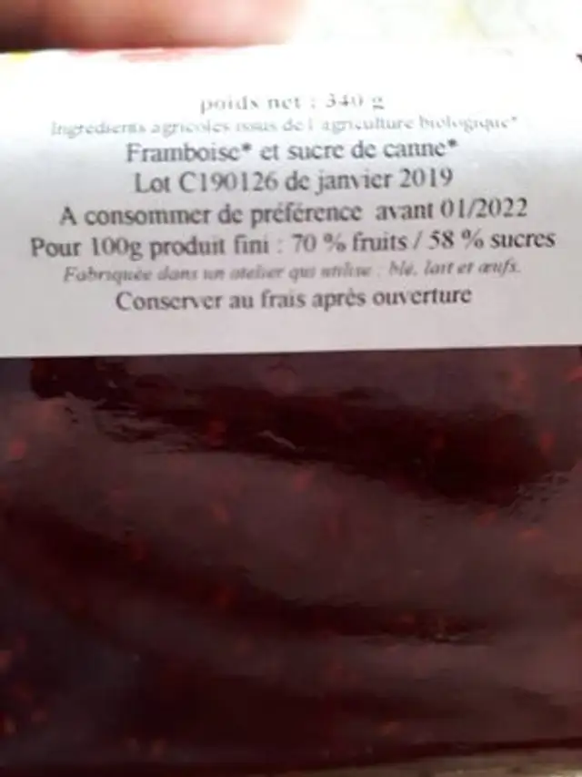 Confiture de framboise ingredients label