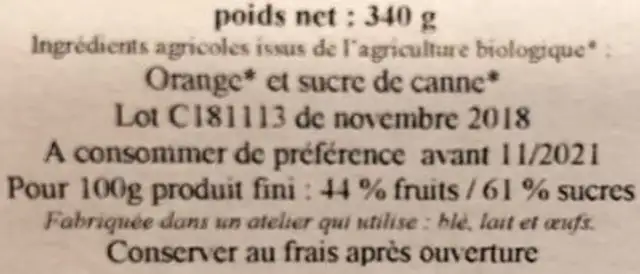 Confiture d'orange ingredients label