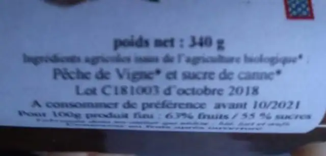 Confiture extra de pêche de vigne ingredients label