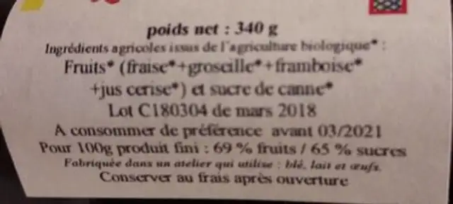 Confiture 4 fruits rouges ingredients label