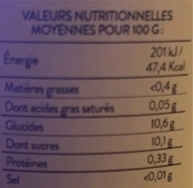 Pur Jus La Ferme fruitiere pomme cassis nutrition facts table