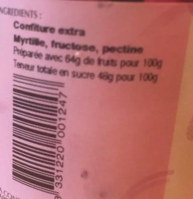 Confiture La Ferme Fruitière, Myrtille Extra ingredients label