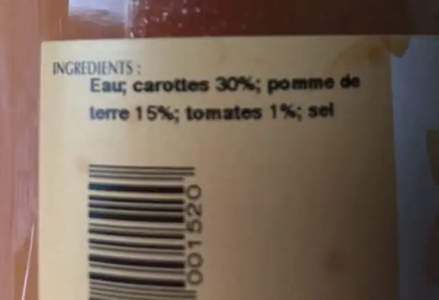 Potage La Ferme Fruitiere Carotte et pomme de terre ingredients label