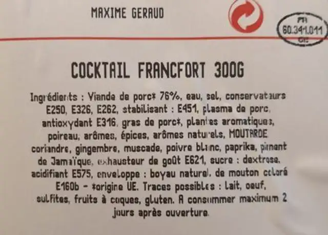 saucisse cocktail Francfort ingredients label