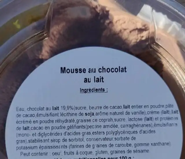 Mousse au chocolat au lait, bol de ingredients label