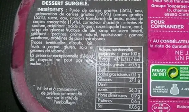 Sorbet cerise griotte ingredients label