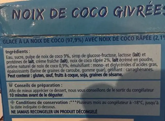 noix coco givrées ingredients label