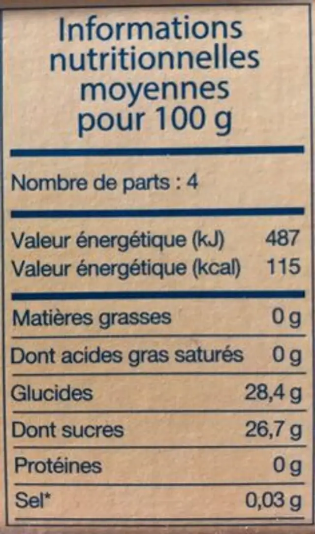 Oranges givrées nutrition facts table