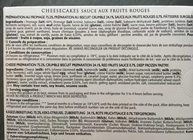 Cheesecakes sauce fruits rouges ingredients label