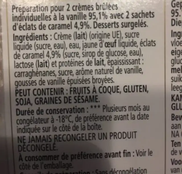 Creme brûlée ingredients label