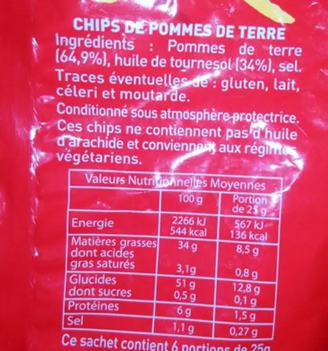 Chips ingredients label