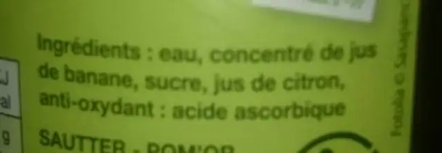 Nectar de banane SAUTTER ingredients label