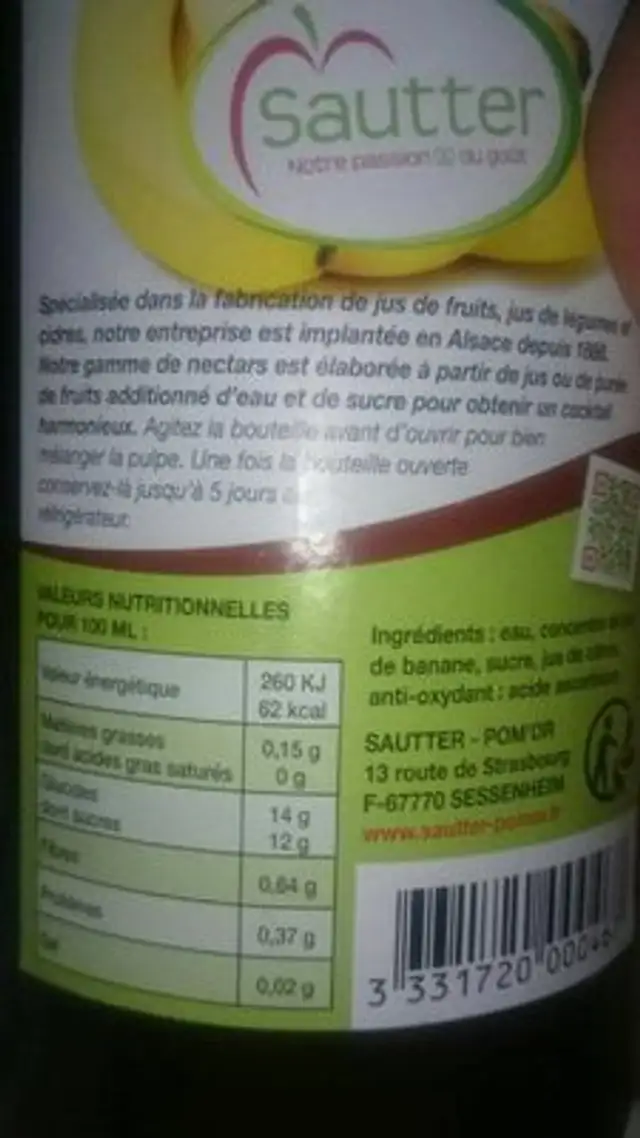 Nectar de banane SAUTTER nutrition facts table
