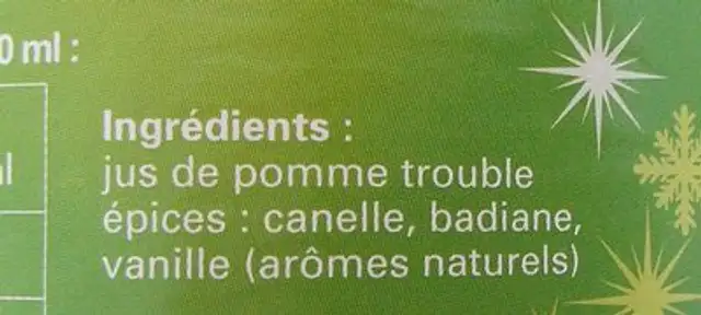 Jus de pomme de Noël ingredients label