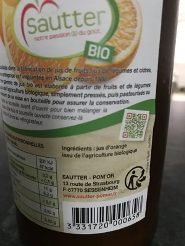 Pur jus d'orange bio SAUTTER ingredients label