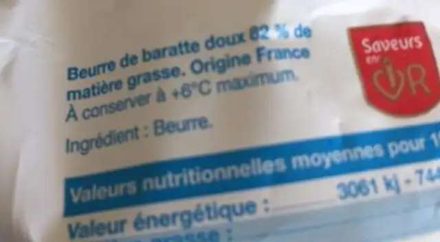 Beurre de Baratte doux ingredients label