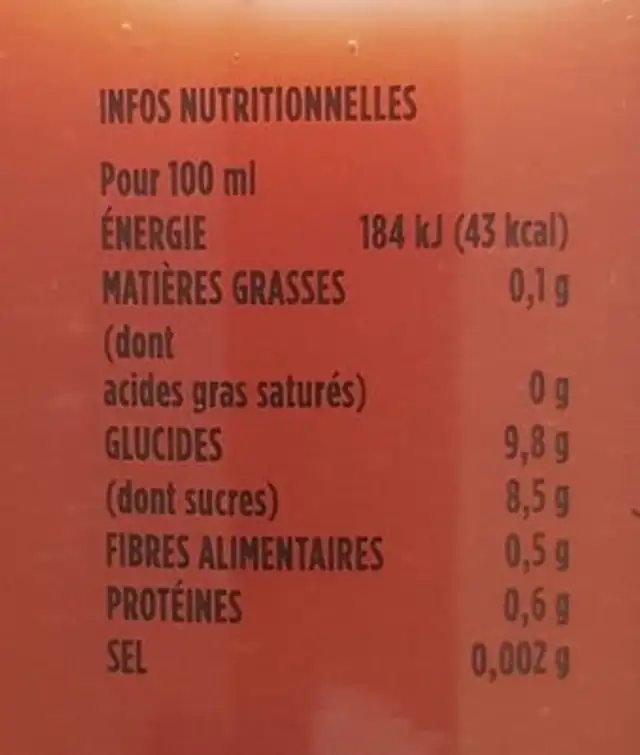 Jus orange fraise nutrition facts table