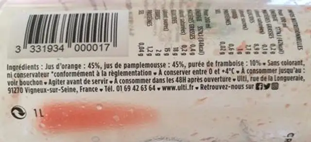 Cocktail de fruits jus d'oranges pamplemousse a la framboise ingredients label