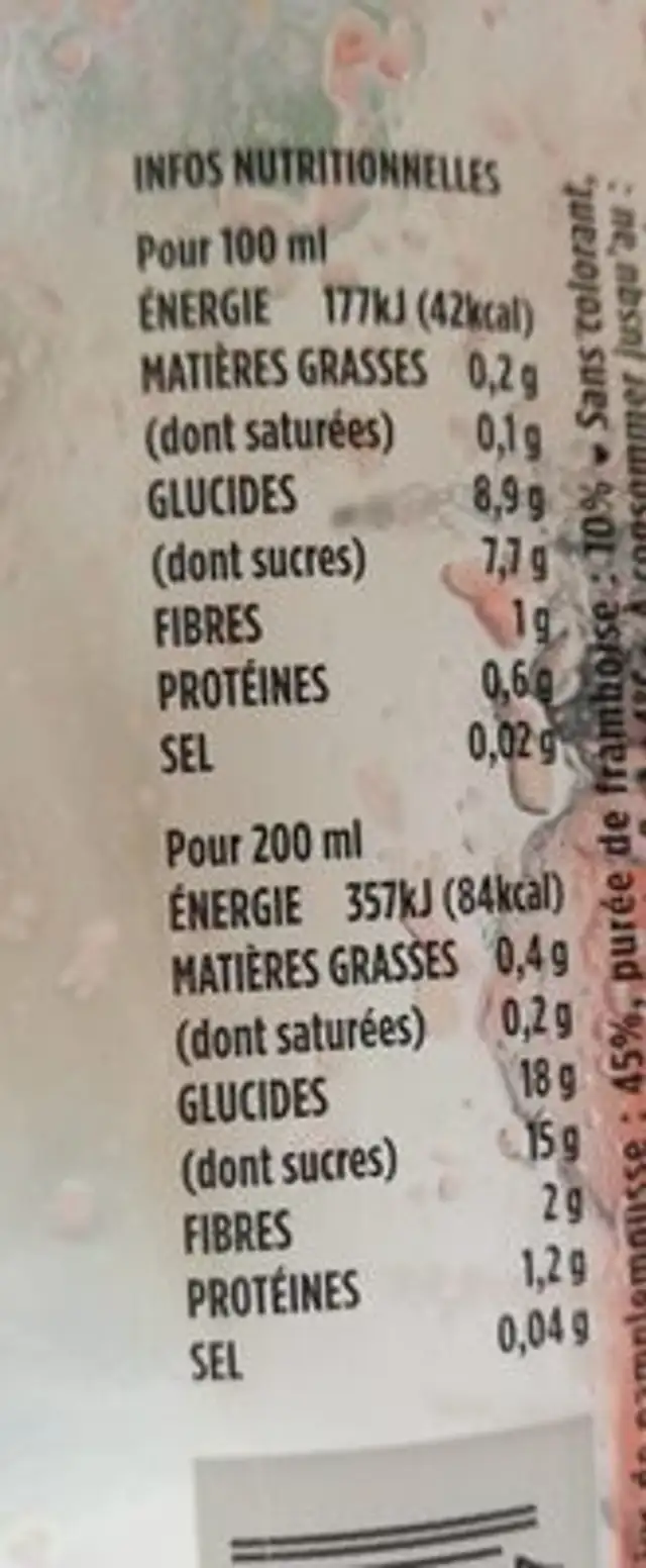 Cocktail de fruits jus d'oranges pamplemousse a la framboise nutrition facts table