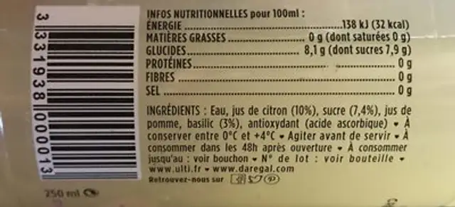 Jus Citron Basilic ingredients label