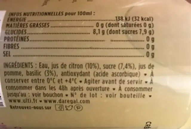 Jus Citron Basilic nutrition facts table