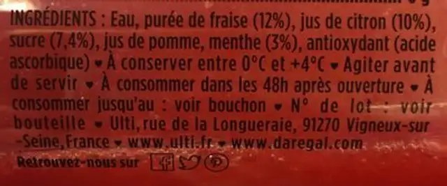 Jus Citron Fraise Menthe ingredients label