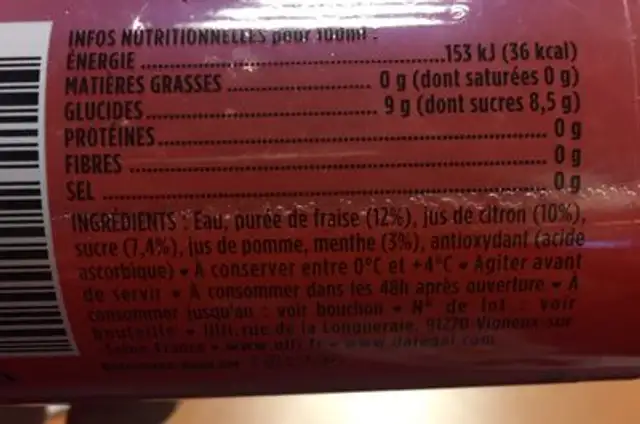 Jus Citron Fraise Menthe nutrition facts table