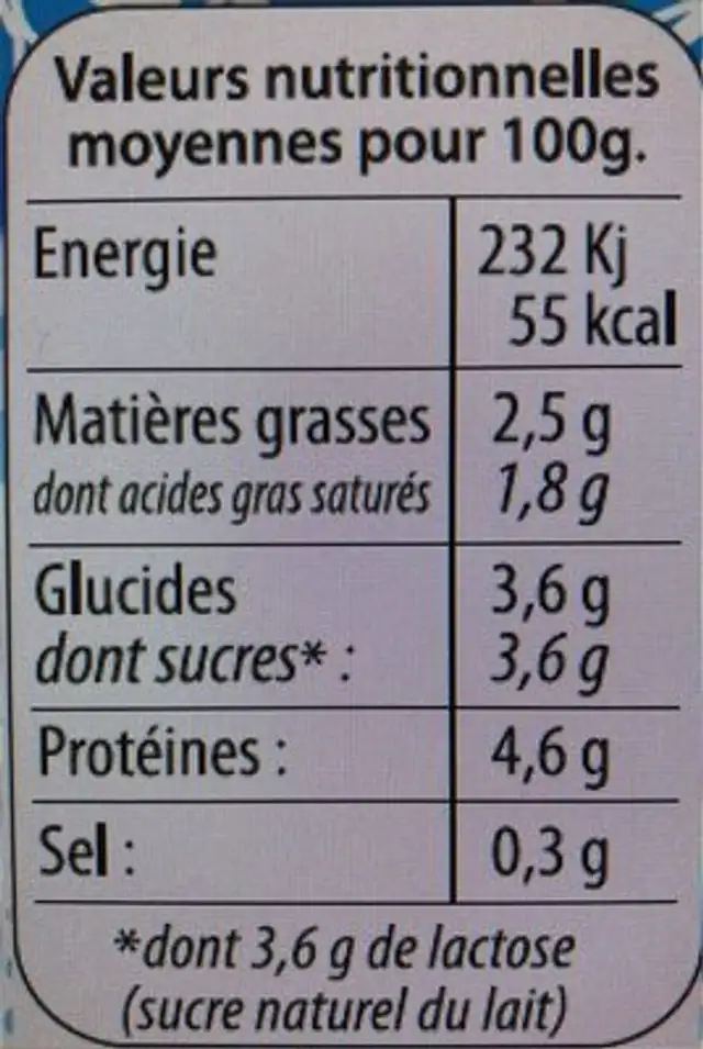 Yaourt Nature Non Sucré nutrition facts table