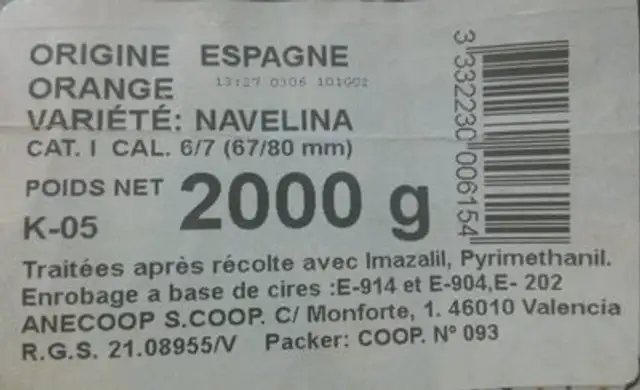Oranges navelina ingredients label