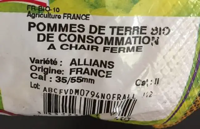 Pomme de terre vapeur gratin rissolée ingredients label