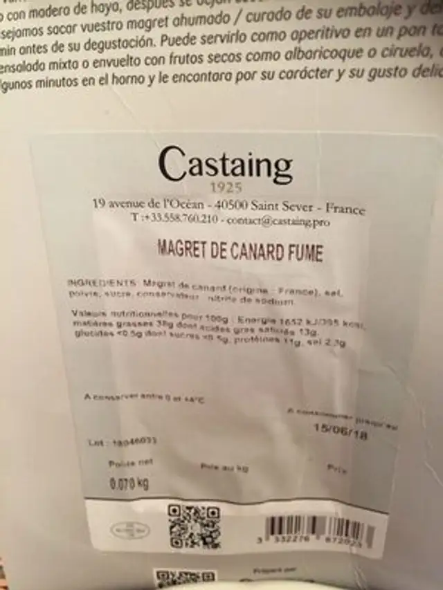 Magret de canard ingredients label