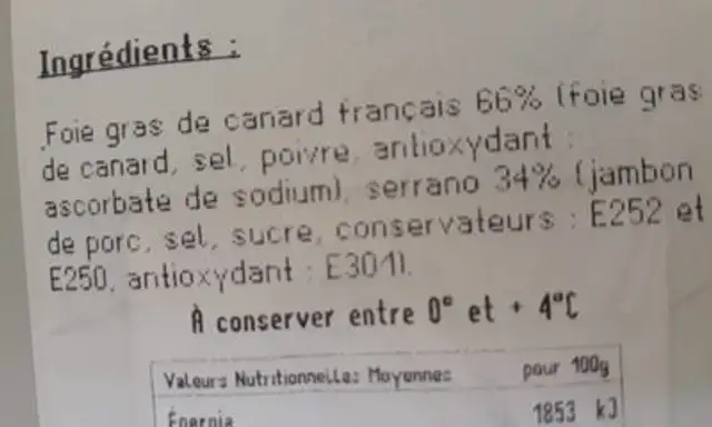 Serrano au foie gras de canard ingredients label