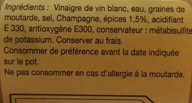 Moutarde Champs Cinq épices ingredients label