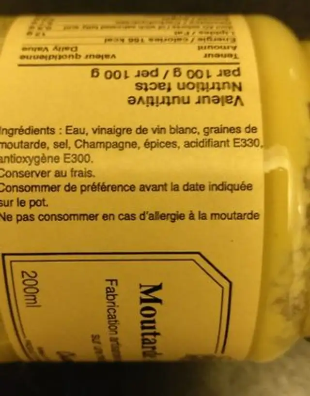 Moutarde artisanale ingredients label