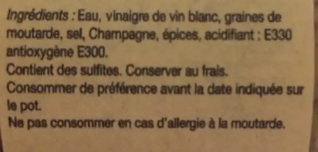 Moutarde rustique ingredients label
