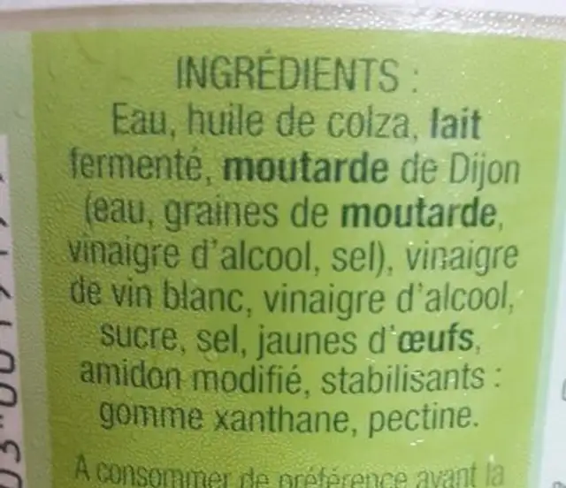 Sauce crudités nature ingredients label