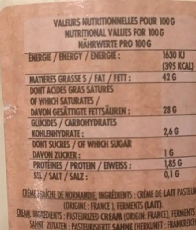 Crème fraîche ingredients label