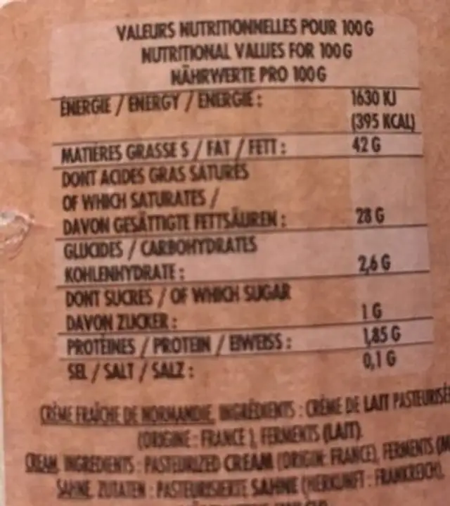Crème fraîche nutrition facts table