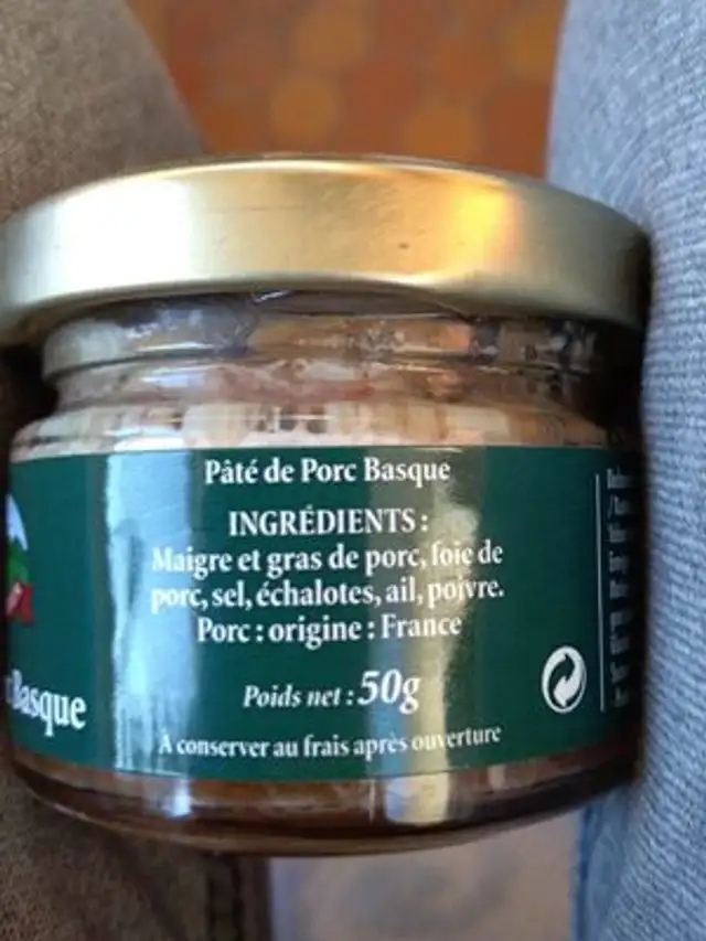 Pâté de porc Basque ingredients label
