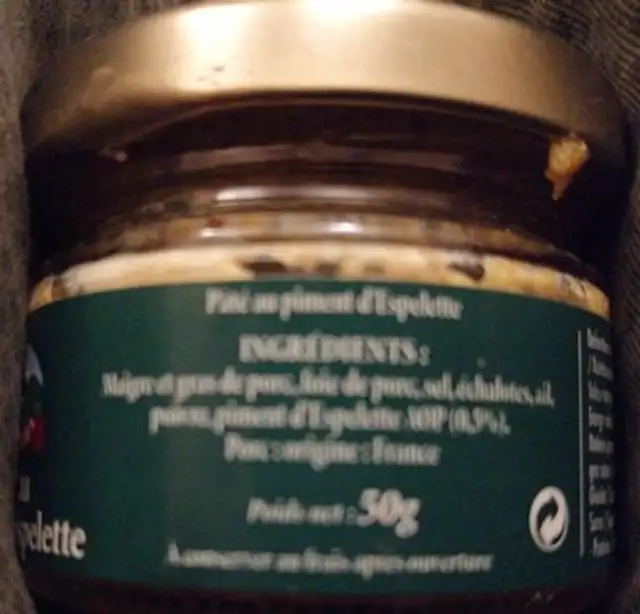 Pâté au piment d'Espelette ingredients label